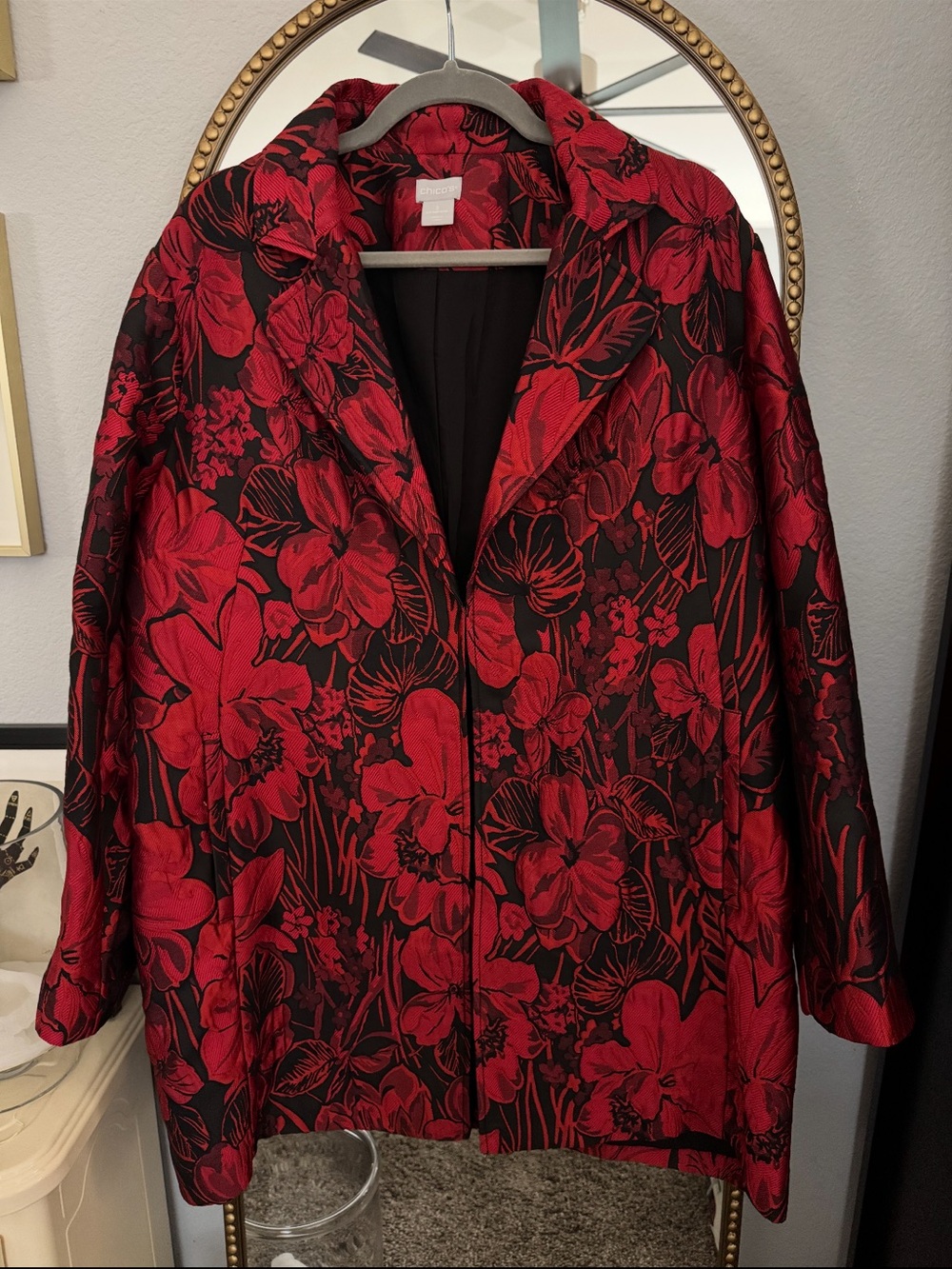 Chico's Floral Jacquard Jacket Red Black Woven Size 3 Plus 16 18 Statement